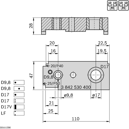 Gabarit de perçage Ø9.8 Ø17 R10 40-50
